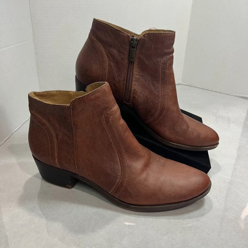 Lucky Brand Brown Leather Ankle Booties Side Zip Block Heel Womens 8.5